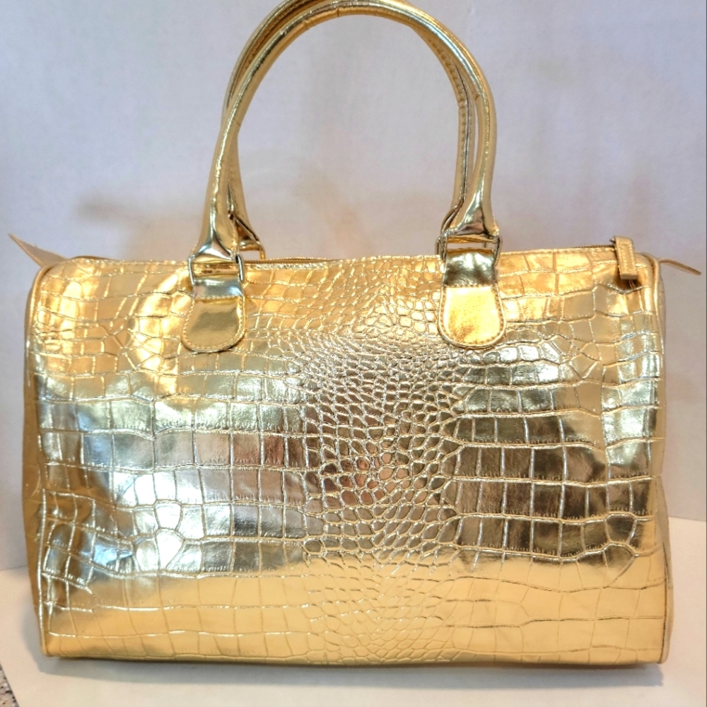 ❤ SALE BCBG MAXAZERIA Metallic Gold Duffel Bag NEW NWT